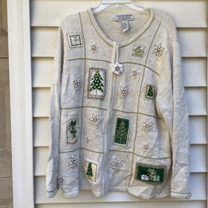 Tiara International Christmas Collection Cardigan Womens Sz 2X Cream Gold Beaded